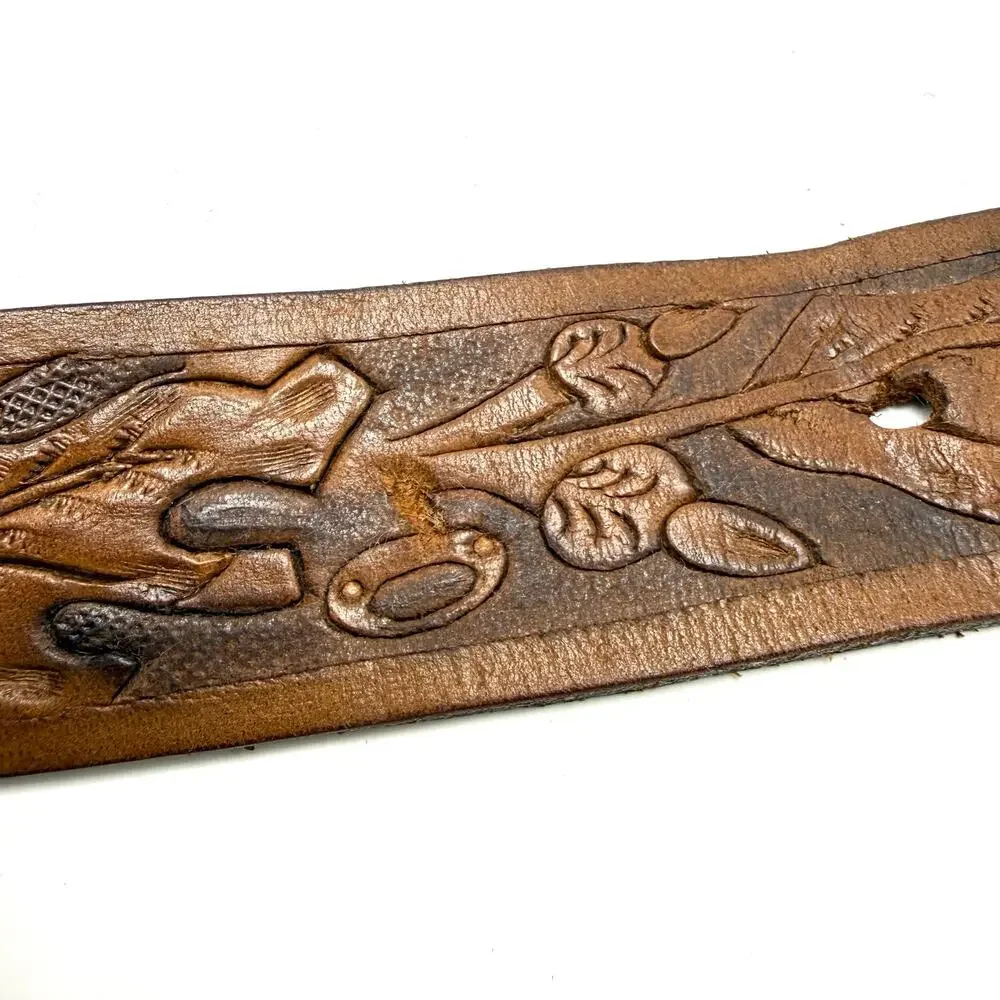 Vintage Brown Leather Western Belt 38 Tooled Leaves Cowboy Cowgirl Boho Hippie